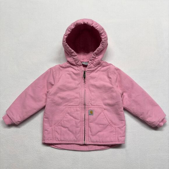 Carhartt Duck Canvas Jacket Toddler Girls 2T Sherpa Lined Hooded Chore Coat Pink - Picture 1 of 9
